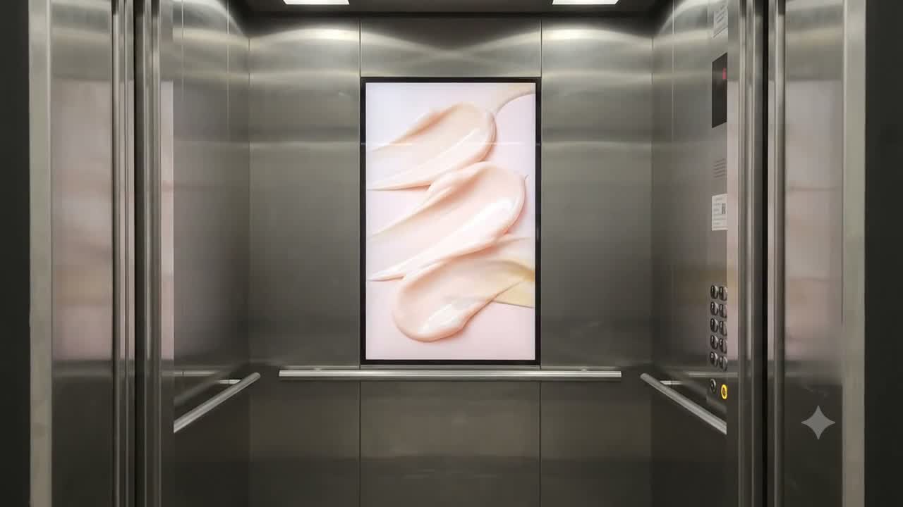 문이 열리면 광고 스크린이 보이는 엘리베이터 내부