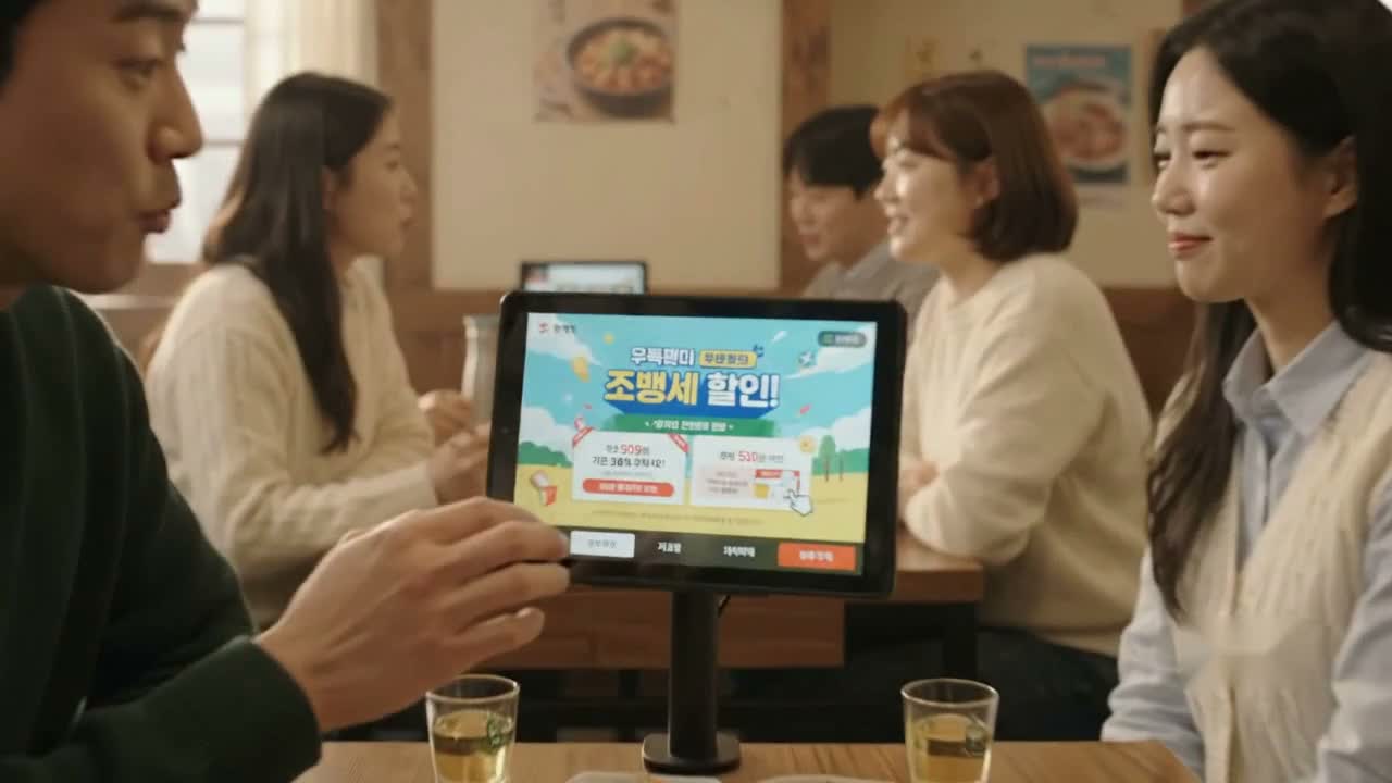 한국 식당에서 테이블에 거치된 태블릿으로 주문하는 장면, 태블릿에 메뉴·이벤트 광고 화면