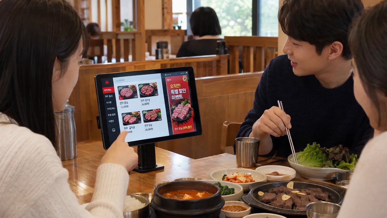 식음료 매장 테이블에 설치된 태블릿 주문 단말기 화면